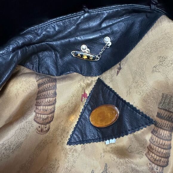 Black Leather Fur-Trim Trench Coat W/ Gold Buttons - Picture 14 of 15